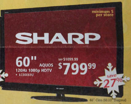 Black Friday Deal: Sharp Aquos 60'' 1080p 120Hz HDTV - LC60E69U